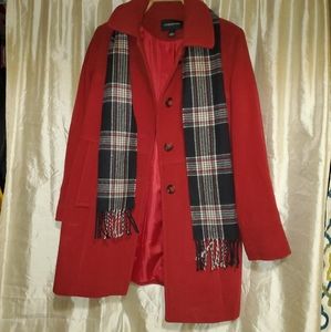London Fog coat, red with plaid scarf attached